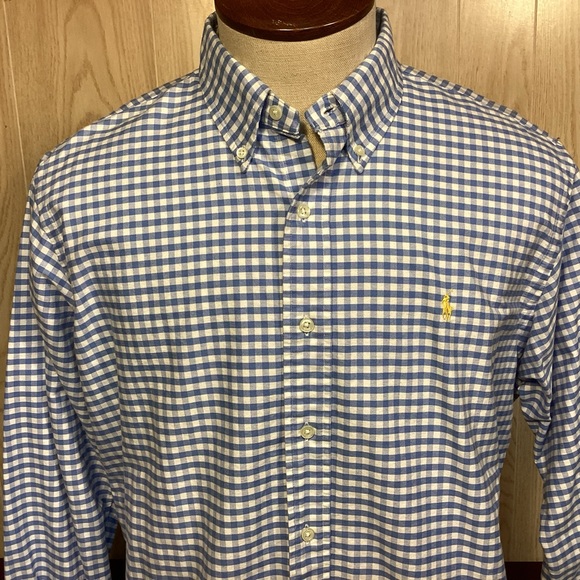 Custom Fit Ralph Lauren Mens blue and white check button down shirt size XL - Picture 2 of 11